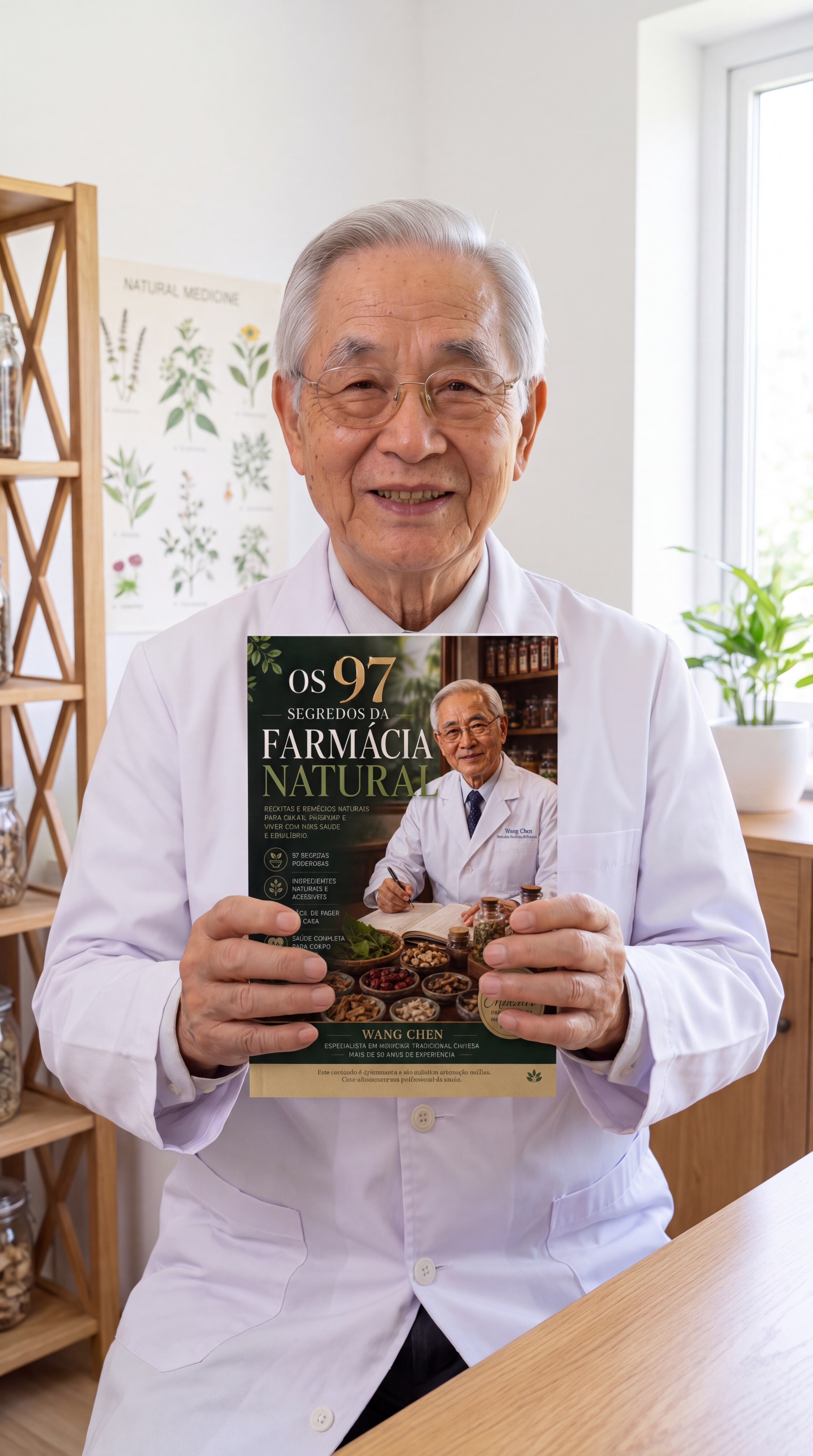 Dr. Wang Chen segurando o livro Os 97 Segredos da Farmácia Natural